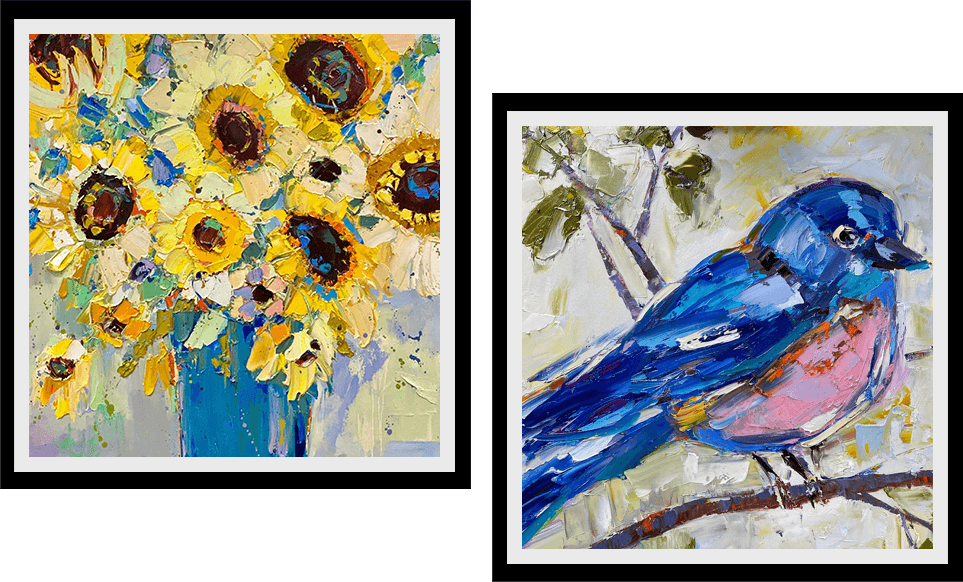 Photo collage of two paintings of a bird and florals