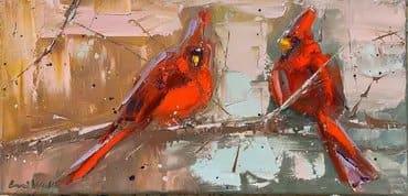 Figurative painting of a red birds