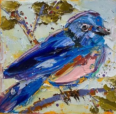 Figurative painting of a blue bird